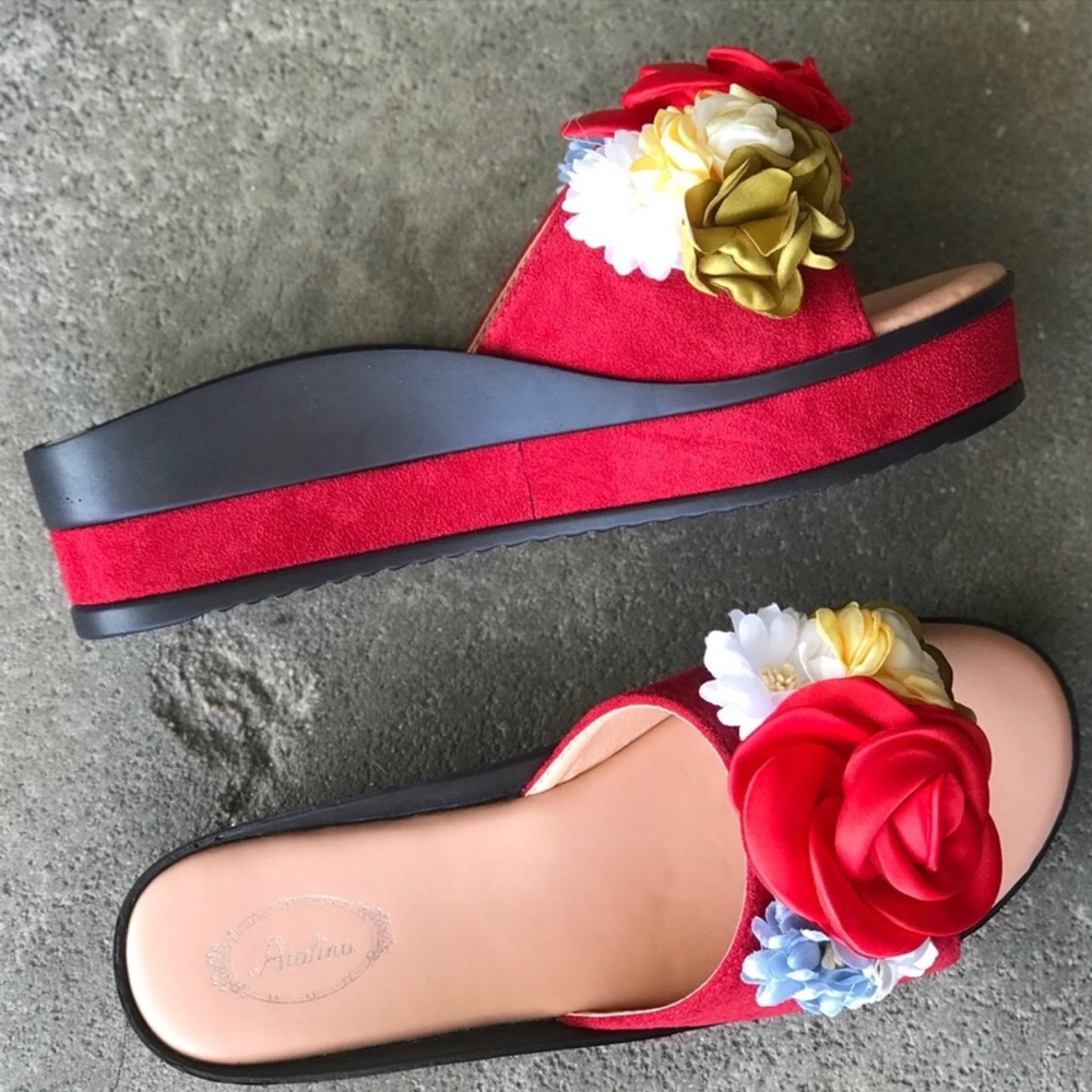 Italina Red Rose 3D Flower Flatform Heeled Wedge Sandal 5.5 - Picture 6 of 14